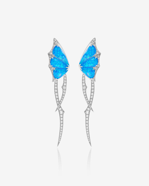 Fly By Night blue butterfly drop earrings in 18k white gold with black opalescent crystal haze and white diamond pavé