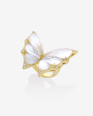 Fly By Night butterfly cocktail ring in 18k yellow gold with white mother of pearl and diamond pavé