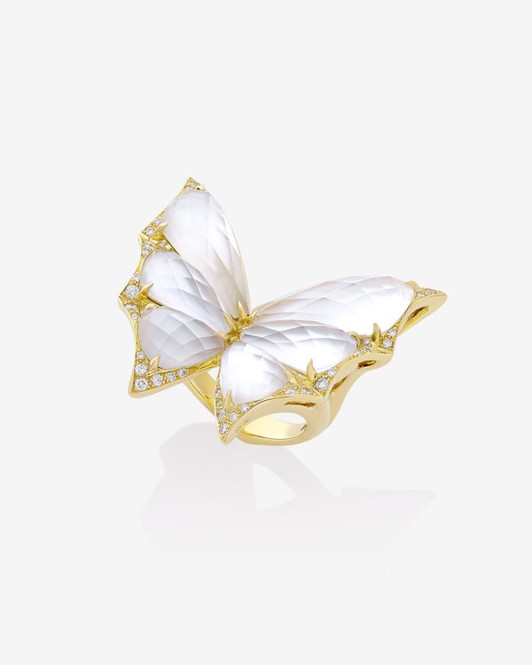 Fly By Night butterfly cocktail ring in 18k yellow gold with white mother of pearl and diamond pavé