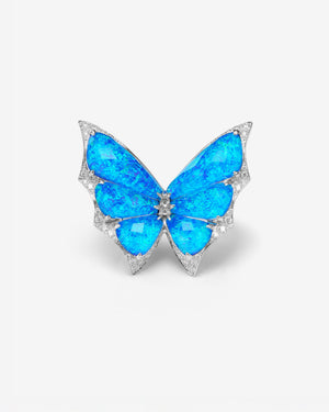 Close-up of Fly By Night butterfly Crystal Haze cocktail ring in 18k white gold with gemstones