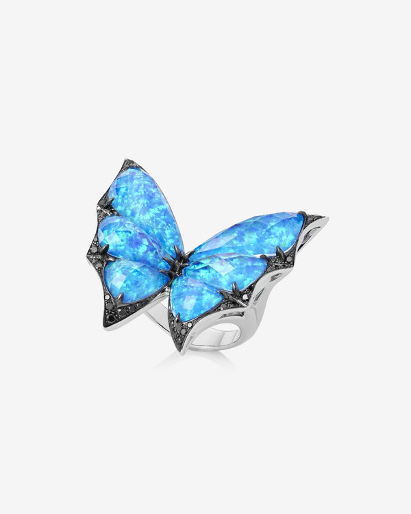 Fly By Night butterfly Crystal Haze cocktail ring in 18k white gold with black diamond pavé fine jewellery