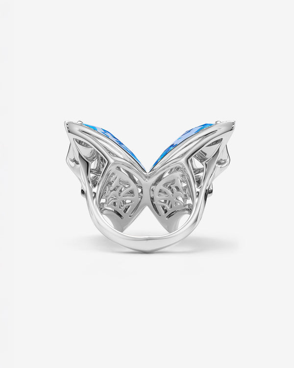Fly By Night butterfly Crystal Haze cocktail ring in 18k white gold with Black Opalescent Crystal Haze and white diamond pavé - back view