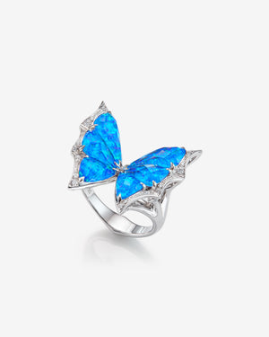 Fly By Night butterfly Crystal Haze cocktail ring in 18k white gold with Black Opalescent Crystal Haze and white diamond pavé