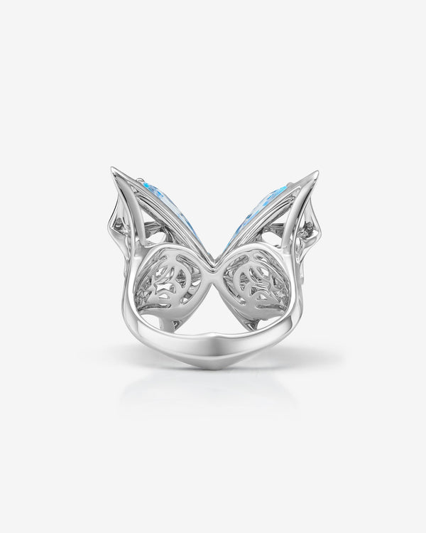 Fly By Night butterfly Crystal Haze cocktail ring in 18k white gold with Black Opalescent Crystal Haze and white diamond pavé - back view