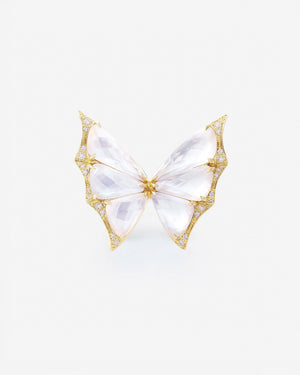 Fly By Night butterfly Crystal Haze cocktail ring in 18k yellow gold with white mother of pearl and diamond pavé - front view