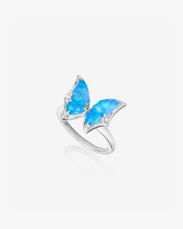 Fly By Night butterfly Crystal Haze mini cocktail ring in 18k white gold with Black Opalescent Crystal Haze and white diamond pavé