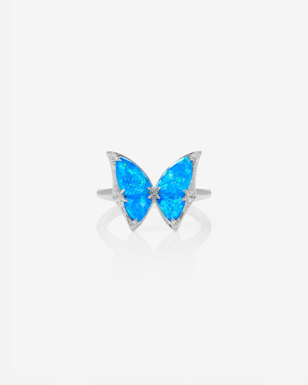 Fly By Night butterfly Crystal Haze mini cocktail ring in 18k white gold with Black Opalescent Crystal Haze and white diamond pavé