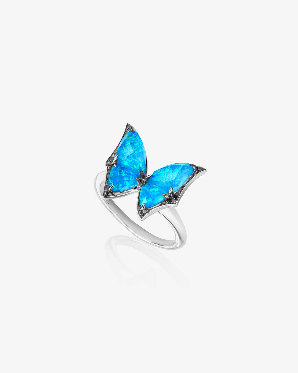 Fly By Night butterfly Crystal Haze mini cocktail ring in 18k white gold with Black Opalescent Crystal Haze and black diamond pavé
