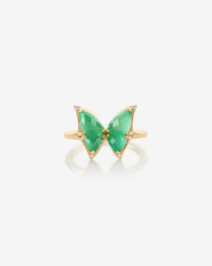 Fly By Night butterfly Crystal Haze mini cocktail ring in 18k yellow gold with light green agate and diamond pavé - front view