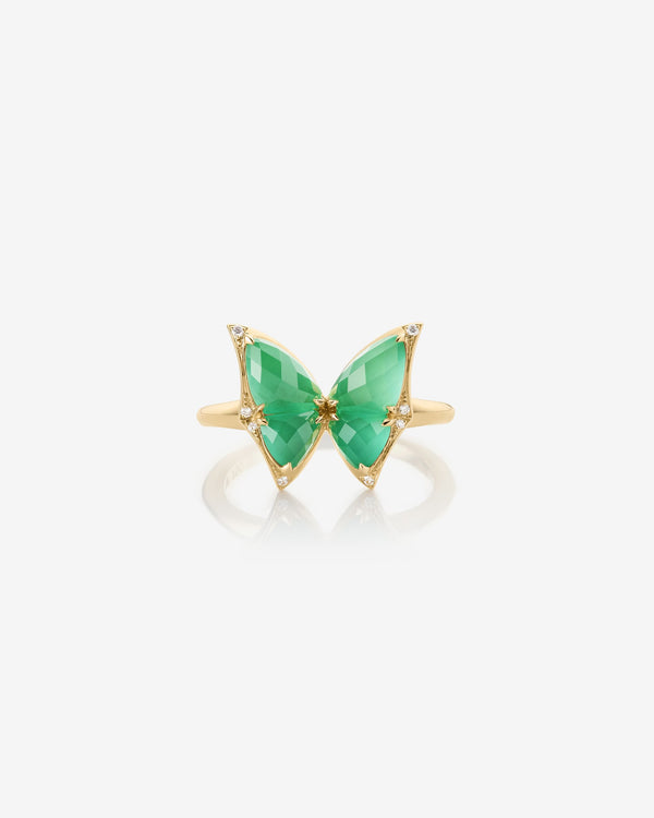 Fly By Night butterfly Crystal Haze mini cocktail ring in 18k yellow gold with light green agate and diamond pavé - front view