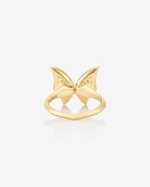 Fly By Night butterfly Crystal Haze mini cocktail ring in 18k yellow gold with white mother of pearl and diamond pavé - front view