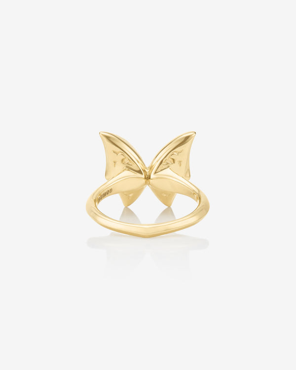 Fly By Night butterfly Crystal Haze mini cocktail ring in 18k yellow gold with white mother of pearl and diamond pavé - front view