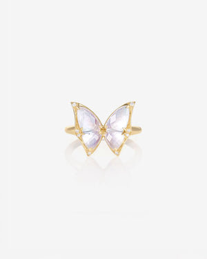Fly By Night butterfly Crystal Haze mini cocktail ring in 18k yellow gold with white mother of pearl and diamond pavé - front view