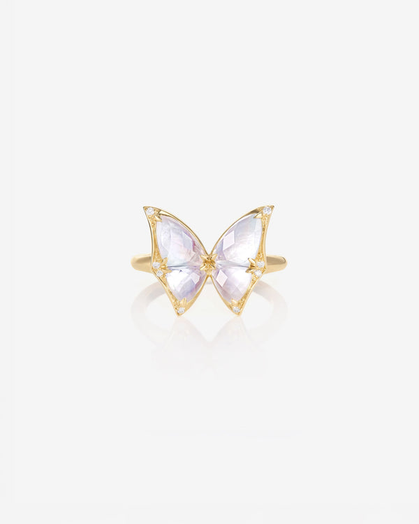 Fly By Night butterfly Crystal Haze mini cocktail ring in 18k yellow gold with white mother of pearl and diamond pavé - front view