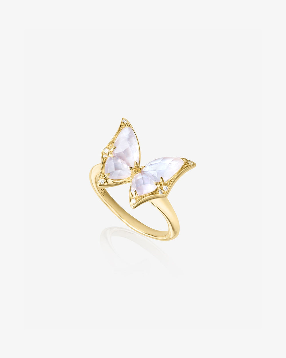 Fly By Night butterfly Crystal Haze mini cocktail ring in 18k yellow gold with white mother of pearl and diamond pavé