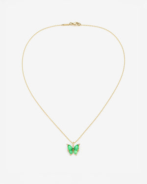 Fly By Night butterfly Crystal Haze mini pendant necklace in 18k yellow gold with light green agate and diamond pavé - aerial view