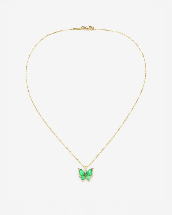 Fly By Night butterfly Crystal Haze mini pendant necklace in 18k yellow gold with light green agate and diamond pavé - aerial view