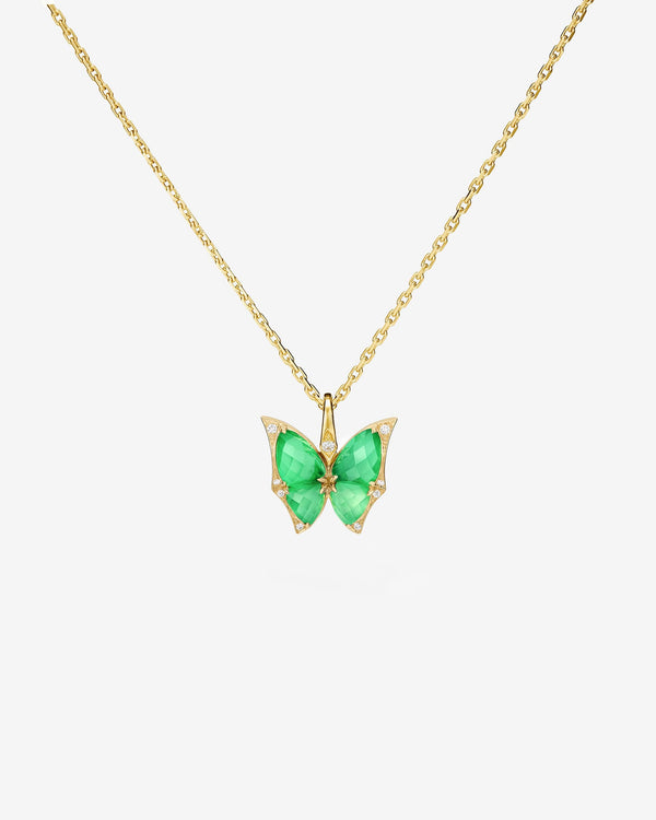 Fly By Night butterfly Crystal Haze mini pendant necklace in 18k yellow gold with light green agate and diamond pavé