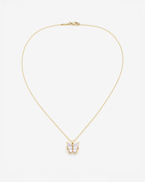 Fly By Night butterfly Crystal Haze mini pendant necklace in 18k yellow gold with white mother of pearl and diamond pavé - aerial view