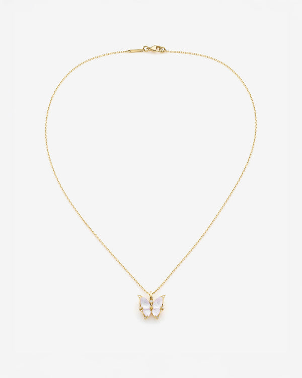 Fly By Night butterfly Crystal Haze mini pendant necklace in 18k yellow gold with white mother of pearl and diamond pavé - aerial view