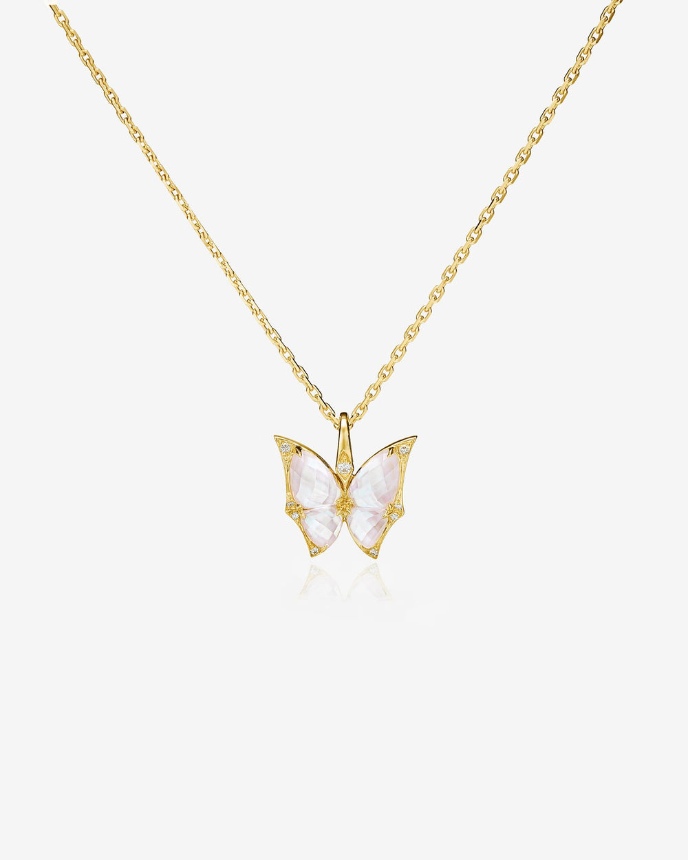 Fly By Night butterfly Crystal Haze mini pendant necklace in 18k yellow gold with white mother of pearl and diamond pavé