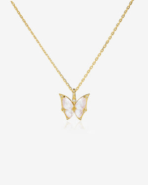 Fly By Night butterfly Crystal Haze mini pendant necklace in 18k yellow gold with white mother of pearl and diamond pavé