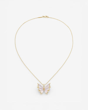 Fly By Night butterfly Crystal Haze pendant necklace in 18k yellow gold with white mother of pearl and diamond pavé - aerial view