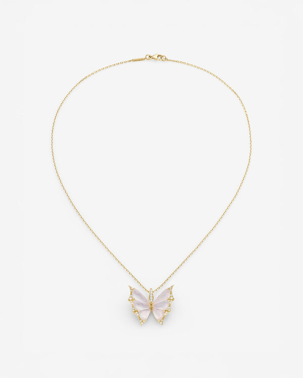 Fly By Night butterfly Crystal Haze pendant necklace in 18k yellow gold with white mother of pearl and diamond pavé - aerial view