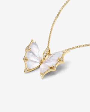 Fly By Night butterfly Crystal Haze pendant necklace in 18k yellow gold with white mother of pearl and diamond pavé - detail view