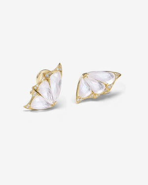 Fly By Night butterfly cuff earrings in 18k yellow gold with white mother of pearl and diamond pavé