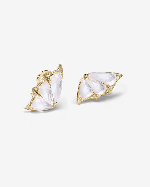 Fly By Night butterfly cuff earrings in 18k yellow gold with white mother of pearl and diamond pavé