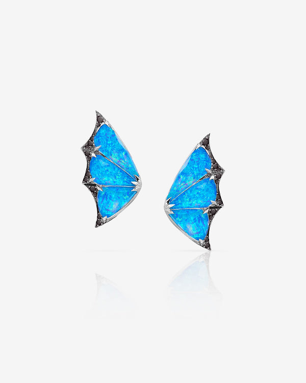 Fly By Night butterfly cuff earrings in 18k white gold with black opalescent Crystal Haze and black diamond pavé