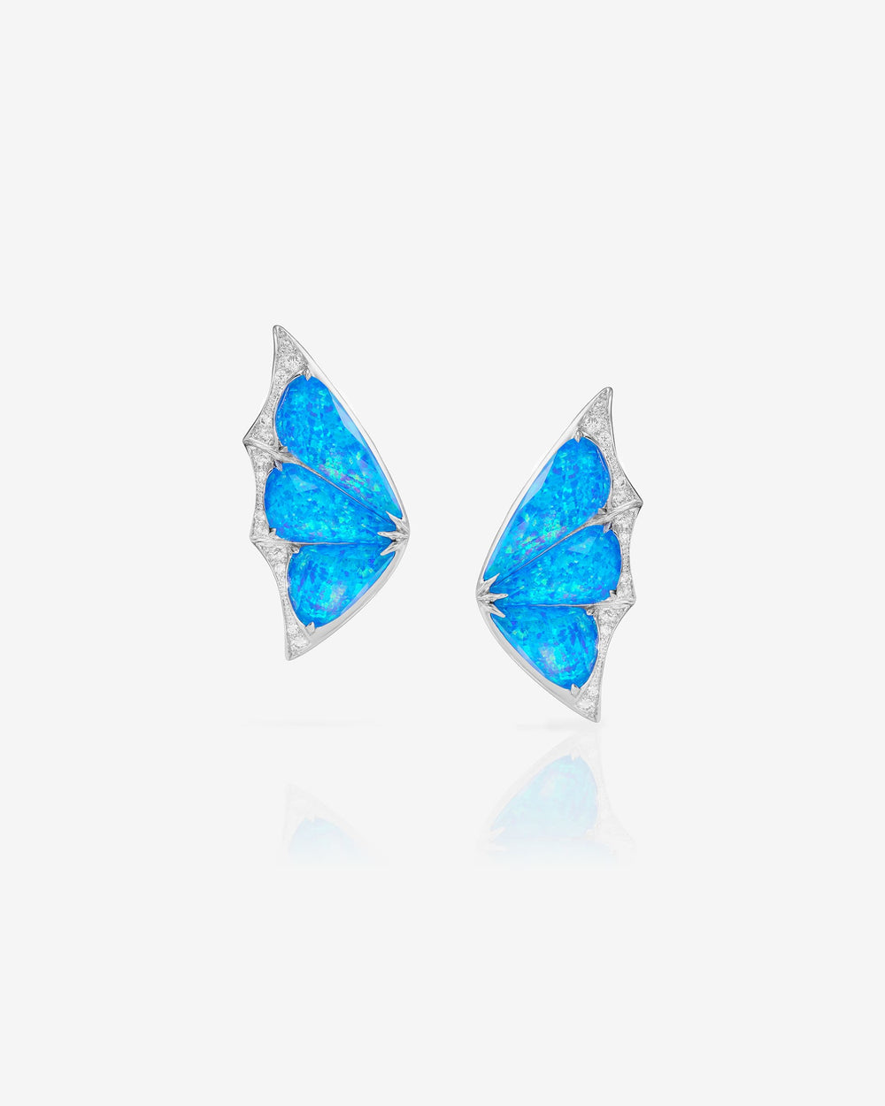 Fly By Night butterfly cuff earrings in 18k white gold with black opalescent Crystal Haze and white diamond pavé