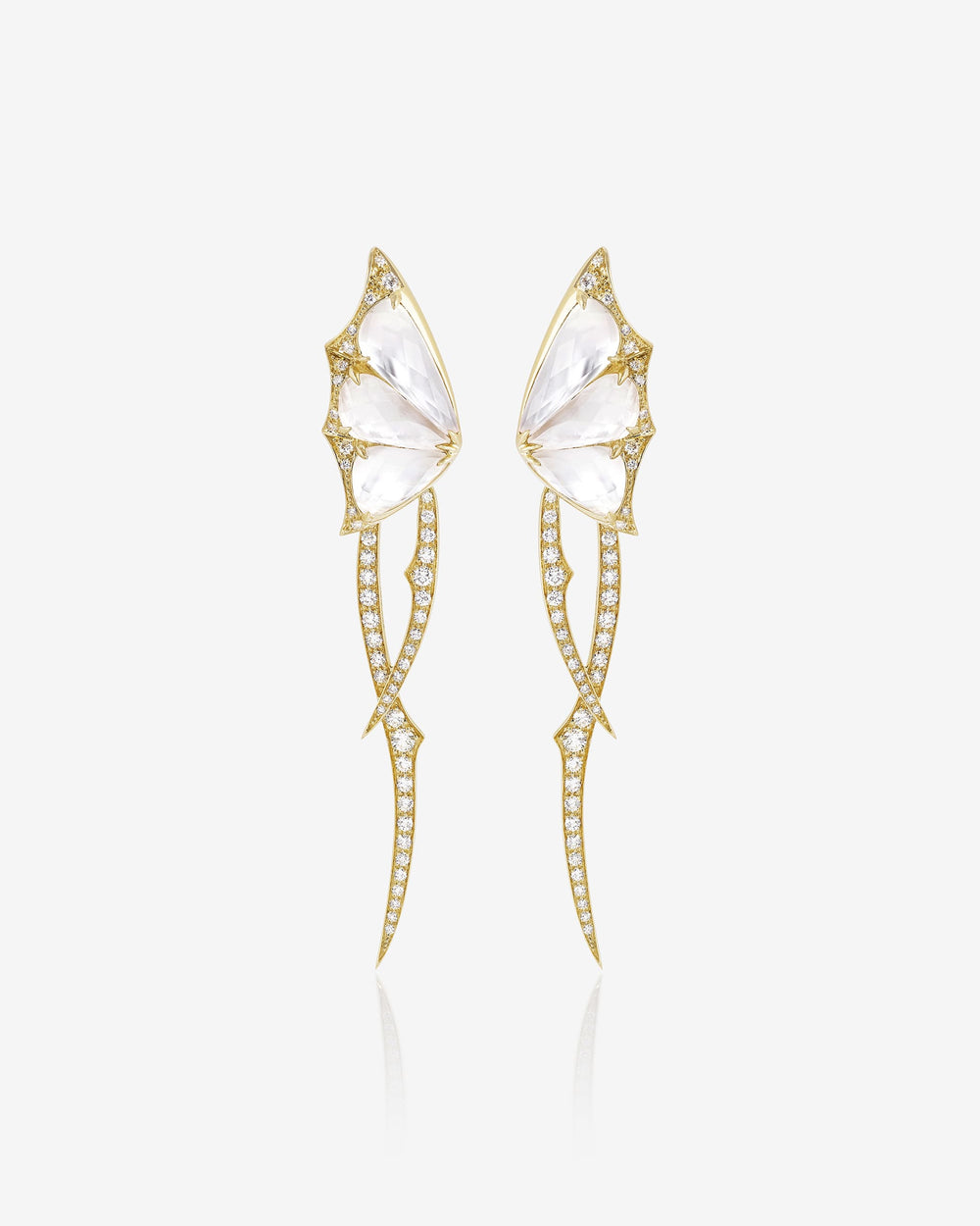 Fly By Night butterfly drop earrings in 18k yellow gold with white mother of pearl and diamond pavé - front