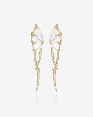 Fly By Night butterfly drop earrings in 18k yellow gold with white mother of pearl and diamond pavé - front