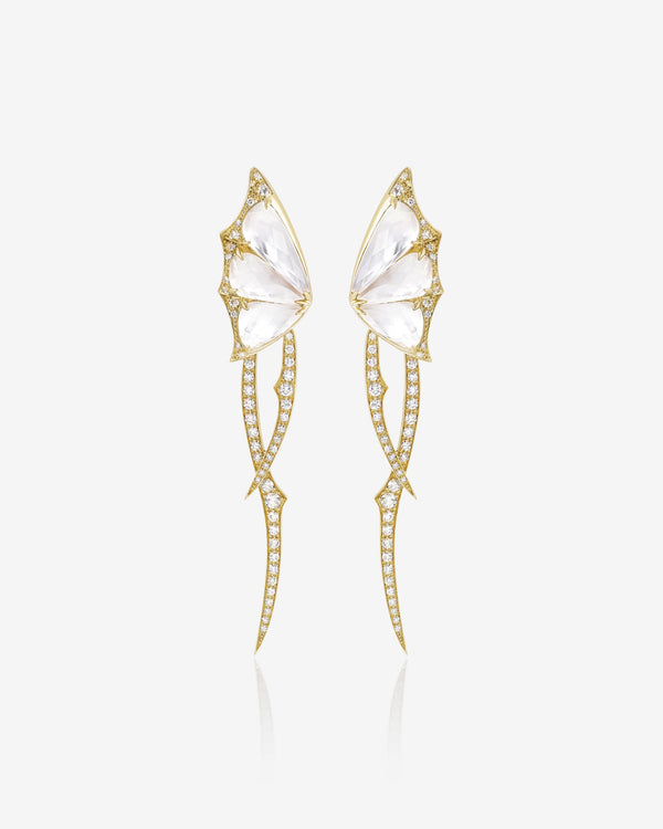 Fly By Night butterfly drop earrings in 18k yellow gold with white mother of pearl and diamond pavé - front