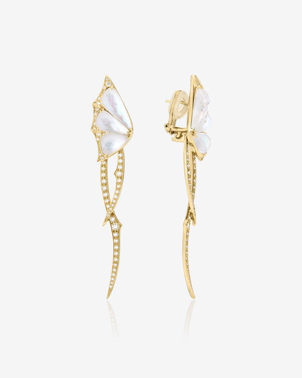 Fly By Night butterfly drop earrings in 18k yellow gold with white mother of pearl and diamond pavé - side view