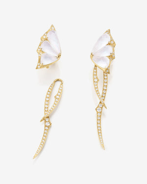 Fly By Night butterfly drop earrings in 18k yellow gold with white mother of pearl and diamond pavé - detail