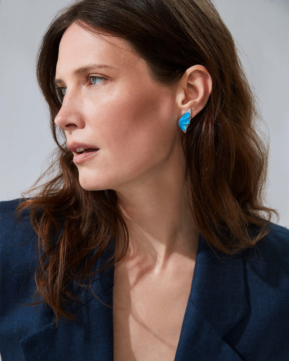Fly By Night butterfly cuff earrings in 18k white gold with black opalescent Crystal Haze and white diamond pavé