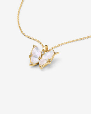 Fly By Night butterfly Crystal Haze mini pendant necklace in 18k yellow gold with white mother of pearl and diamond pavé - detail view