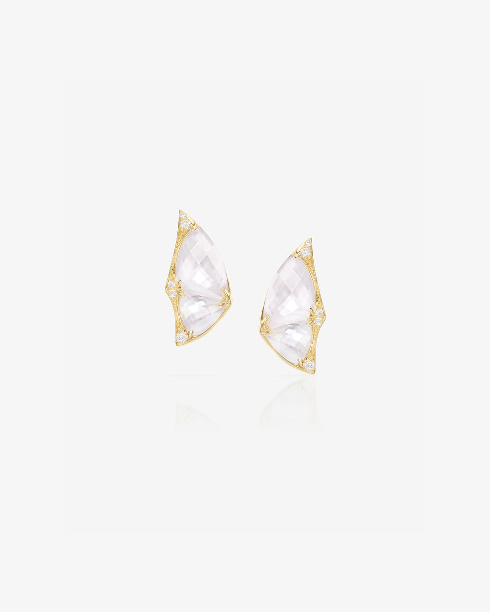 Fly By Night butterfly mini cuff earrings in 18k yellow gold with white mother of pearl and diamond pavé