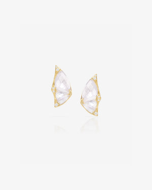 Fly By Night butterfly mini cuff earrings in 18k yellow gold with white mother of pearl and diamond pavé