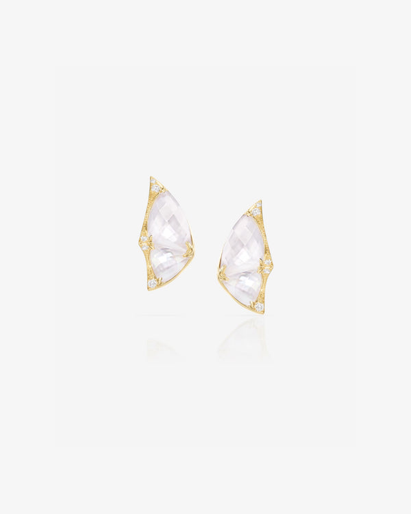 Fly By Night butterfly mini cuff earrings in 18k yellow gold with white mother of pearl and diamond pavé