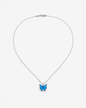 Aerial view of Fly By Night butterfly mini Black Opalescent Crystal Haze pendant necklace in 18k white gold