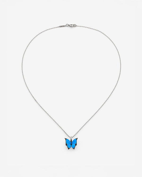 Aerial view of Fly By Night butterfly mini Black Opalescent Crystal Haze pendant necklace in 18k white gold
