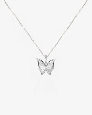 Back view of Fly By Night butterfly Black Opalescent Crystal Haze mini pendant necklace in 18k white gold