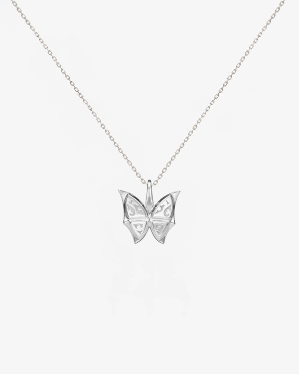 Back view of Fly By Night butterfly Black Opalescent Crystal Haze mini pendant necklace in 18k white gold
