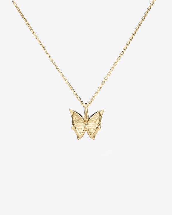 Back view of Fly By Night butterfly Black Opalescent Crystal Haze pendant necklace in 18k yellow gold