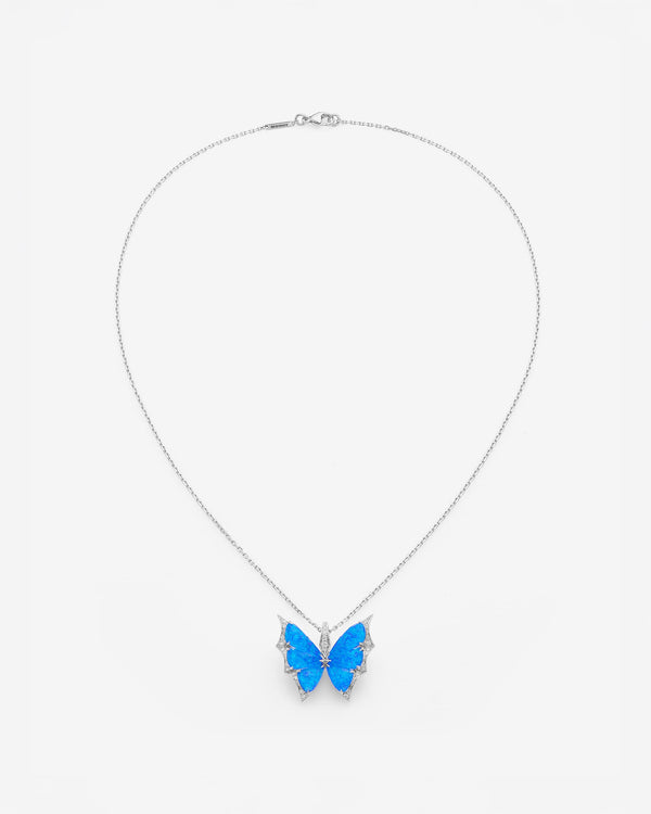 Aerial view of Fly By Night butterfly Black Opalescent Crystal Haze pendant necklace in 18k white gold