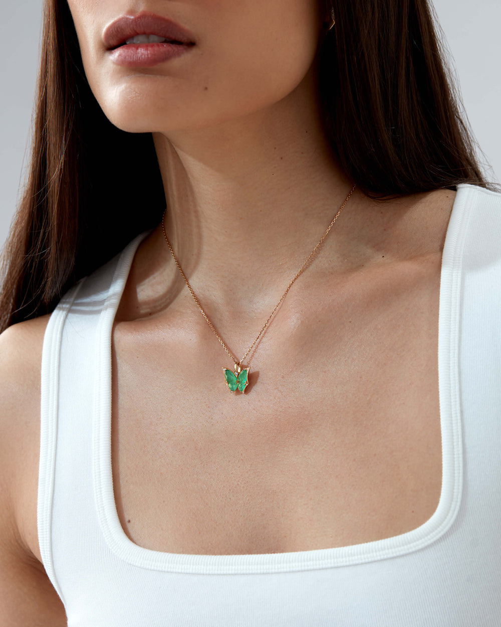 Fly By Night butterfly Crystal Haze mini pendant necklace in 18k yellow gold with light green agate and diamond pavé